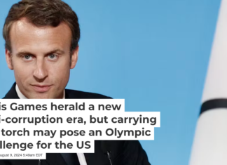 French President Emmanuel Macron celebrates Paris’ coronation as host of the 2024 Olympics Games. Photo by Yoan Valat/AFP via Getty Images